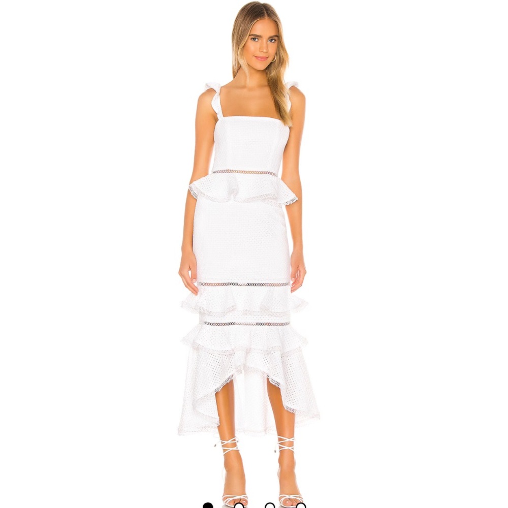 NBD Haze Hi Lo Midi Dress in Ivory, size XS, still sold on Revolve